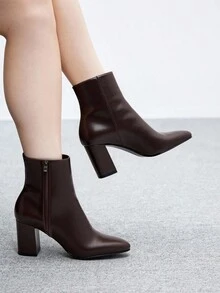 CUCCOO BIZCHIC 女士尖头粗跟短靴，时尚简约通勤踝靴，侧拉链，经典咖啡色，中跟，秋冬 - 咖啡棕 - 查看 3
