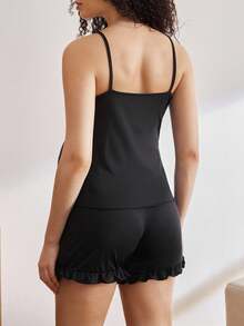 两件套孕妇荷叶边系带哺乳睡衣套装 - 黑色 - 查看 3