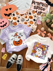 Baby Girl 3pcs Cute Halloween Set, White & Purple & Apricot Yellow Simple Round Neck Short Sleeve T-Shirts, Suitable For Street Style, Home, Party - Multicolor - View 1