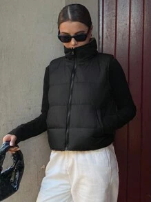 DAZY 复古宽松高领抓绒背心，女士加厚拉链棉质外套，适合秋冬季节穿着 - 黑色 - 查看 1