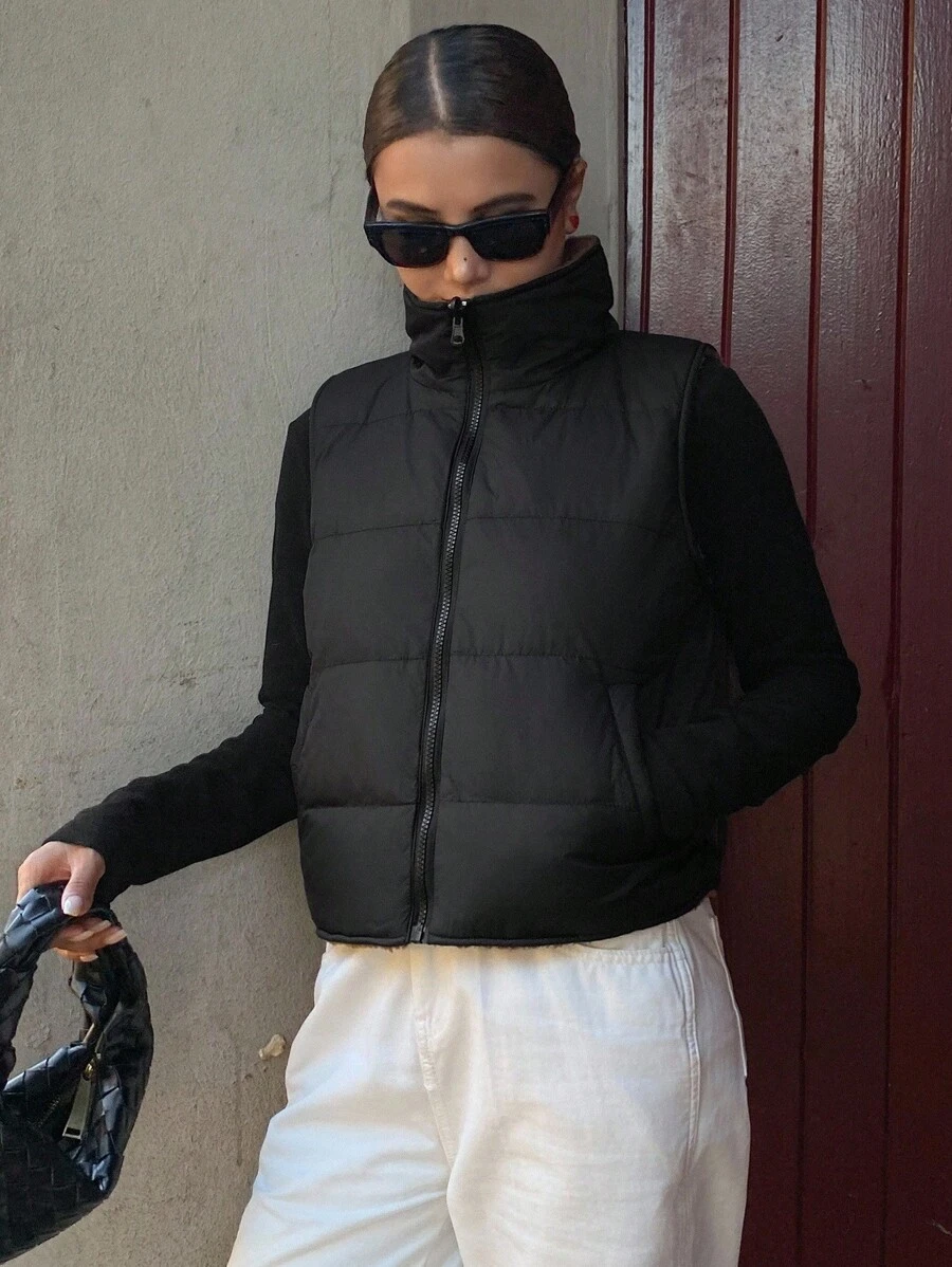 DAZY 复古宽松高领抓绒背心,女士加厚拉链棉质外套,适合秋冬季节穿着 - 黑色 - 查看 1