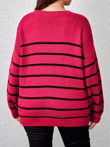 EURMUSE Plus Size Plus Size Loose Fit Colorblock Striped Pullover Sweater - Hot Pink - View 2