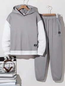 青少年男孩休閒寬鬆紋理對比色拼接連帽衛衣套裝，灰色，秋季，秋冬冬季校園通勤六年級派對 - 灰色 - 查看 7