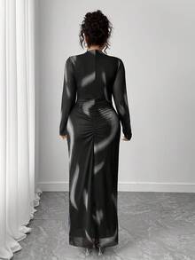 Elenzga Plus Size Elegant Spandex Mesh Abstract Print Dress Fall Cloth For Women - Multicolor - View 2