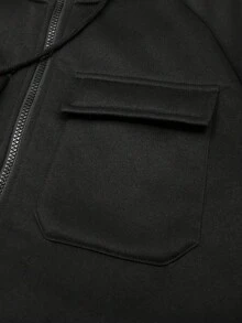 Manfinity Homme Men's Solid Color Long Sleeve Utility Pocket Zip Front Drawstring Zip Up Black Hoodie Sweatshirt, Casual For Autumn - Black - View 6