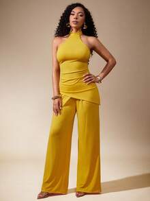 Vixey Solid Jersey Asymmetrical Hem Halter Neck Sleeveless Top - Yellow - View 3