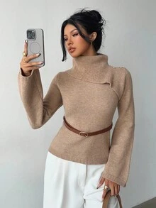 Selianne 卡其色优雅喇叭袖小众设计领口，搭配棕色金属时尚腰带，秋冬女式毛衣 - 卡其色 - 查看 5