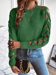 EMERY ROSE Women's Sexy Criss-Cross Hollow Out Sleeve Round Neck Sweater, Autumn/Winter Fall Cloth For Women - Green - View 7