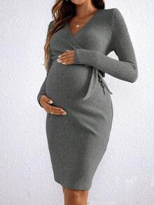 SHEIN Váy bầu dáng ôm, màu trơn, đơn giản, buộc dây, thu/đông - Xám - Xem 6