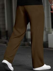 Manfinity Homme Plus Size Men's Solid Color Pocket Straight Loose Casual Pants, For Fall - Brown - View 2