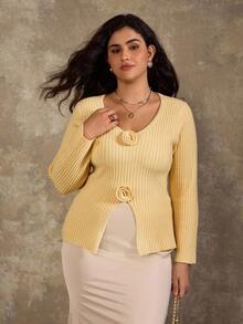 Flirla Plus Size Elegant Commuter Solid Color 3D Floral Decor Split Hem Sweater Fall Winter Cloth For Women Autumn - Yellow - View 1