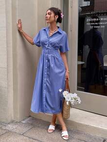 Serisse Women's Vertical Striped Collared Short Sleeve Dress Summer Casual - Blue and White - View 6