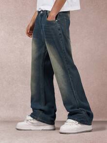 SUMWON Wide Leg Vintage Wash Jeans Flared Bell Bottom Denim Pants Retro Y2K Fashion Skater Style Streetwear Relaxed Fit Classic 5 Pocket Design Fall Winter Plain - Blue - View 4