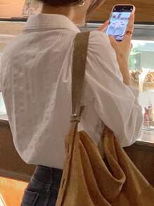DAZY 纯色纽扣前衬衫，长袖上衣秋季 - 白色 - 查看 2