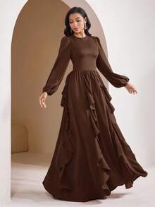 Veilorie Women's Solid Color Round Neck Lantern Sleeve Ruffle Hem Elegant Arabic Style Dress - Coffee Brown - View 3