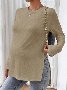 SHEIN Maglietta casual da maternità con spacco laterale, colore tinta unita, top da donna a maniche lunghe per primavera/autunno, colore marrone chiaro, top lungo marrone a maniche lunghe