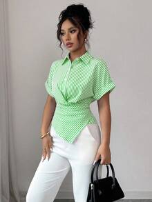 Elenzga 女士休闲通勤条纹系腰衬衫，夏季 - 綠色 - 查看 3