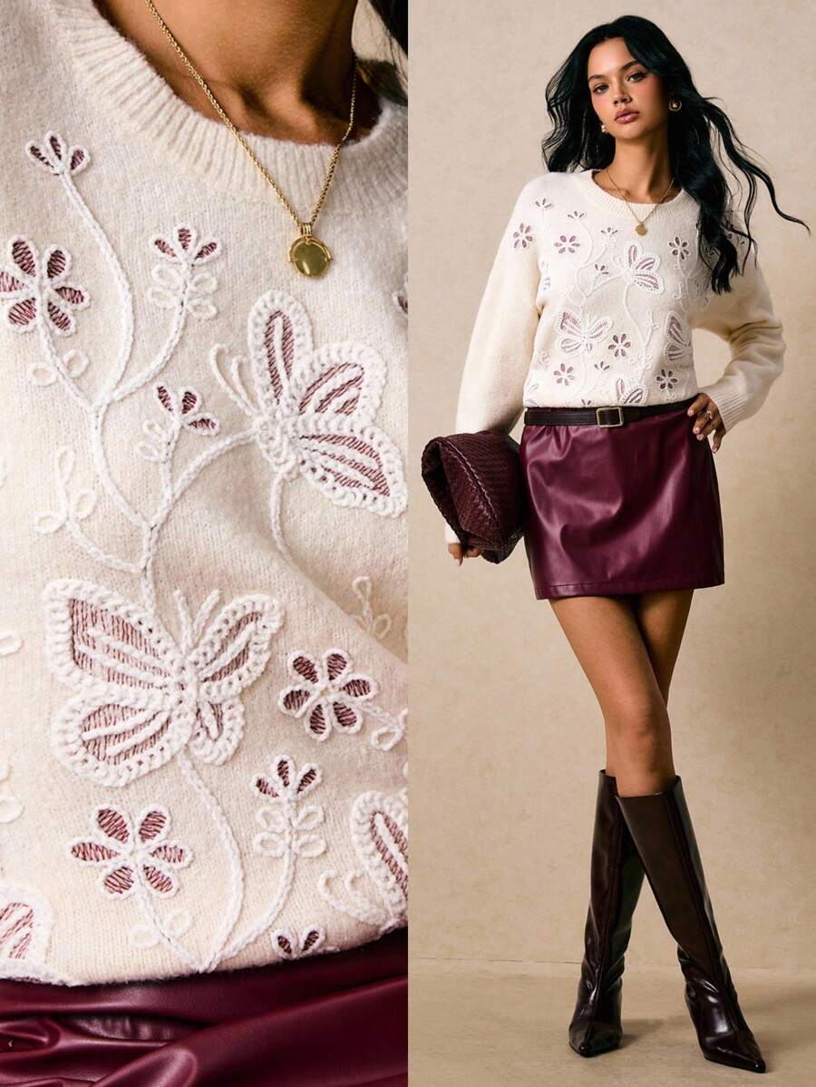 Poéselle 女士秋冬花卉刺绣圆领落肩长袖时尚毛衣 - 米色 - 查看 1