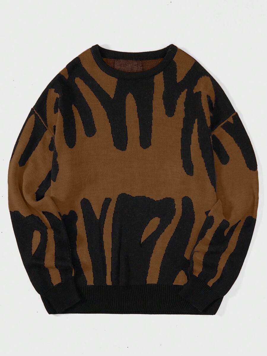 SHEIN Cottnline Men's Printed Drop Shoulder Sweater - Khaki - View 1