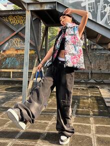 Coolane 女士冬季/秋季街头服饰外出 Y2K 温暖舒适比赛日朋克涂鸦印花背心加厚外套、羽绒背心 - 彩色 - 查看 3