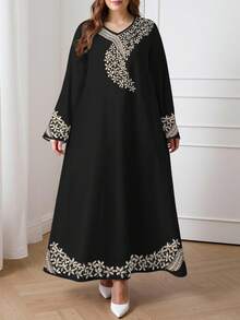 SHEIN Najma 大码女式优雅阿拉伯风格花卉砖纹V领长袖连衣裙，春夏 - 彩色 - 查看 4