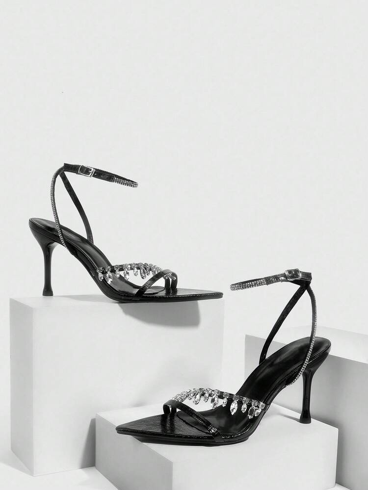 CUCCOO SZL Women's Rhinestone Decor Pointed Toe Elegant Glamorous High Heel Sandals