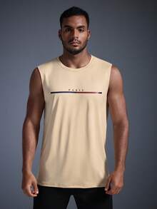 Áo tank top nam in chữ phong cách thường ngày DRIFTMERE, thích hợp cho mùa xuân hè, không đường may và thoải mái, lý tưởng cho phòng tập gym và thể dục, phong cách thể thao năng động, thời trang thể thao, phù hợp cho mùa xuân/hè. - Màu be - Xem 3