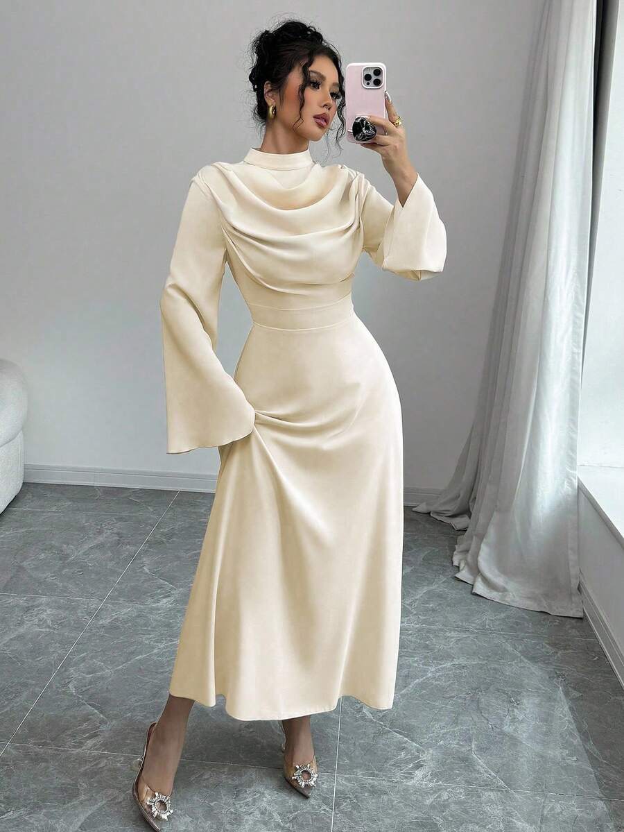 Selianne 女式立领褶皱长袖纯色中长连衣裙女装 - 杏色 - 查看 1