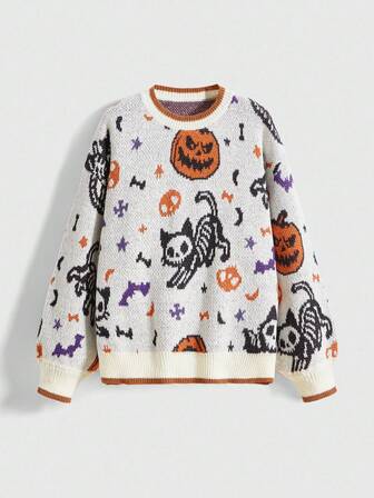 Fairycore Große Größen Damen Lässig Rundhals Halloween Kürbis, Schädel, Katze Jacquard Pullover