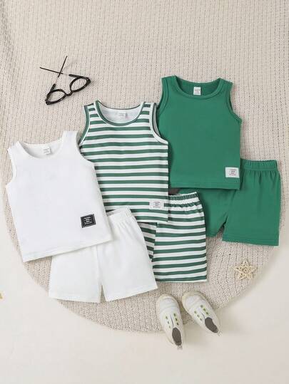 SHEIN Playful Pals Conjunto de 6 piezas de ropa de verano para bebé/niño, incluye 3 colores: tops sin mangas y shorts en negro, blanco y a rayas. Cómodo, casual, versátil y adecuado para uso diario.