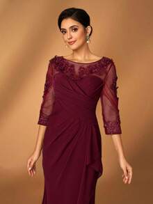 Serin Váy dài tay voan voan xám hồng thanh lịch dành cho nữ, cổ tròn, tay dài, xếp nếp, đính sequin, viền đuôi cá siêu nhỏ, thích hợp cho đám cưới của mẹ cô dâu, sự kiện trang trọng, lễ hội âm nhạc, tiệc tùng - Màu Đỏ Sâu - Xem 6