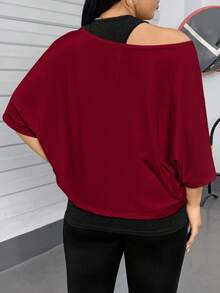 SHEIN Essnce 大码女式休闲两件套西装，背心和露肩上衣两件套西装，女式夏季两件套西装，外出上衣女式夏季服装，露肩上衣可爱上衣可爱夏季上衣 - 酒紅色 - 查看 3