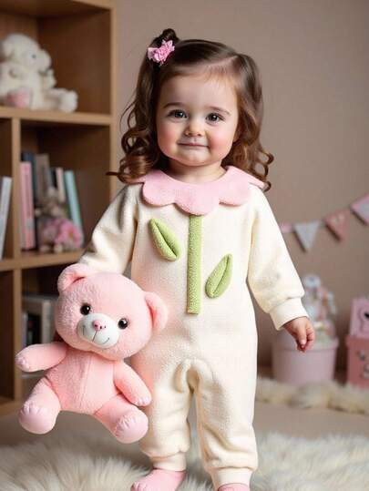 SHEIN Playful Pals 女童秋冬花卉印花连体裤，适合幼儿的可爱外套