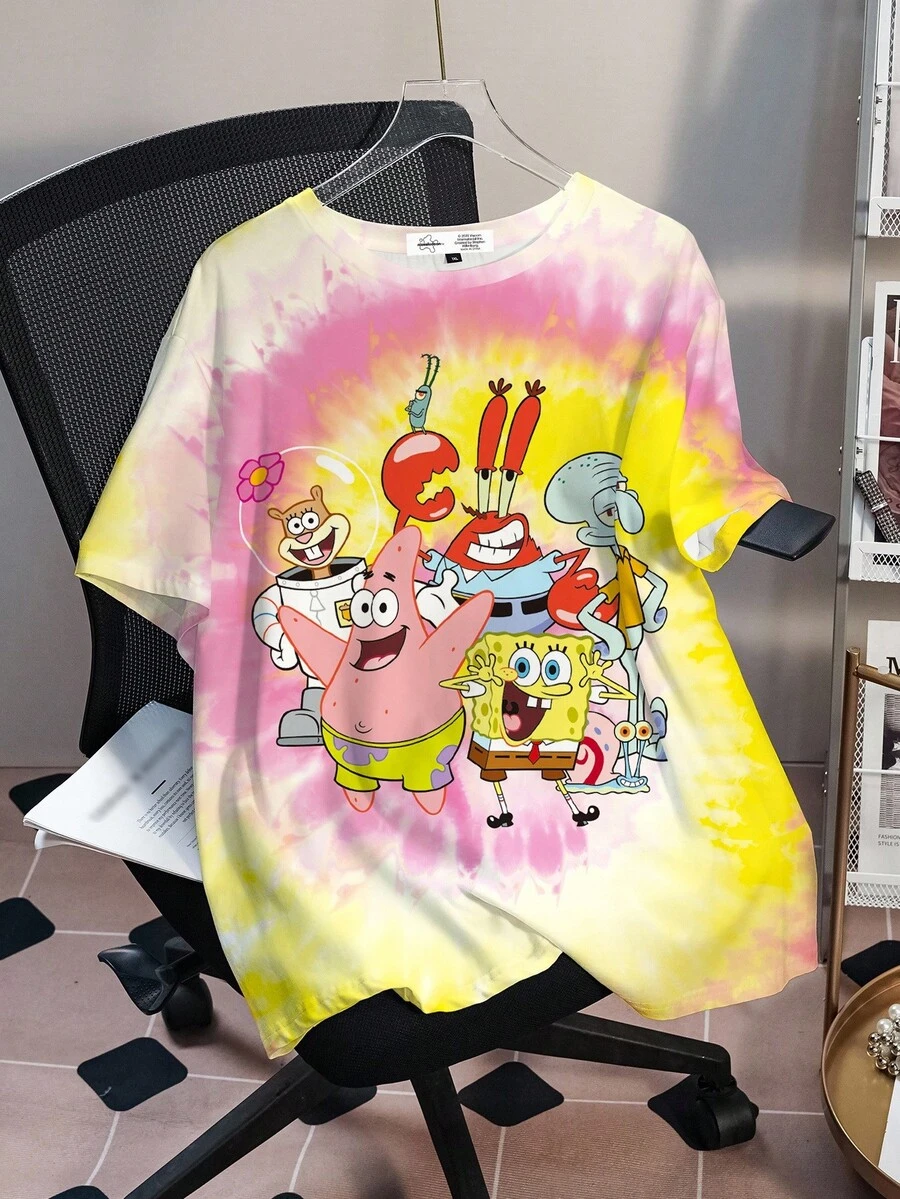 SpongeBob SquarePants | SHEIN 大码女式夏季休闲日常度假趣味可爱卡通扎染印花宽松落肩T恤 - 白色 - 查看 1