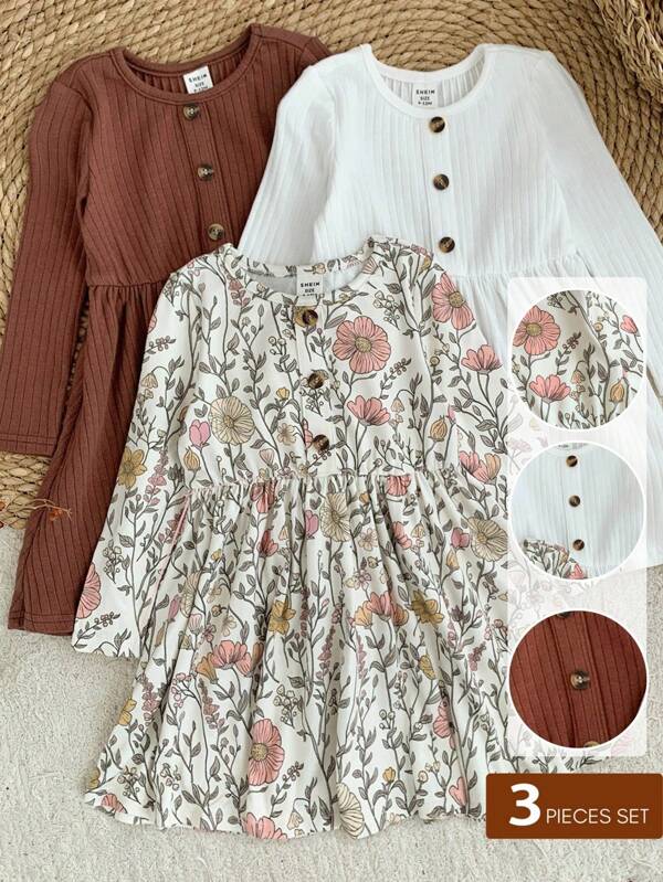 LMoss Kids LMoss 3pcs/Set Baby Girl Floral Knit Casual Round Neck Dress Set Toddler Girl Long Sleeve Dress Floral Toddler Dress Baby Fall Dress Toddler Girl Fall Dress Vintage Style Toddler Dress Graphic Wildflower Baby Clothes Floral Baby Dress Toddler Girl Clothes Boho Baby Dress Baby Girl Dresses Winter