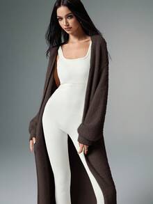 Poéselle Cárdigan de peluche extra largo, cárdigan de punto casual de unicolor para mujer, atuendos de mujer para otoño, ropa de mujer para invierno, suéteres de mujer, tela suave y cómoda, cálida, de estilo simple y elegante, adecuada para uso diario, ir y venir, uso en casa, cárdigan holgado de mujer casual de invierno, cárdigan largo casual de uso diario, cárdigan tipo bata largo para mujer