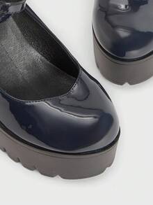 Sugerpunk 女士休闲防水厚底高跟鞋，秋季时尚深蓝色踝带扣高跟鞋，适合派对、旅行、聚会 - 藏蓝色 - 查看 4