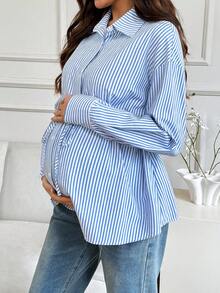 SHEIN 孕妇休闲条纹印花纽扣腰衬衫 - 藍白色 - 查看 3