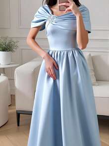 SHEIN 优雅修身缎面连衣裙，适合少女 - 水鴨藍 - 查看 1