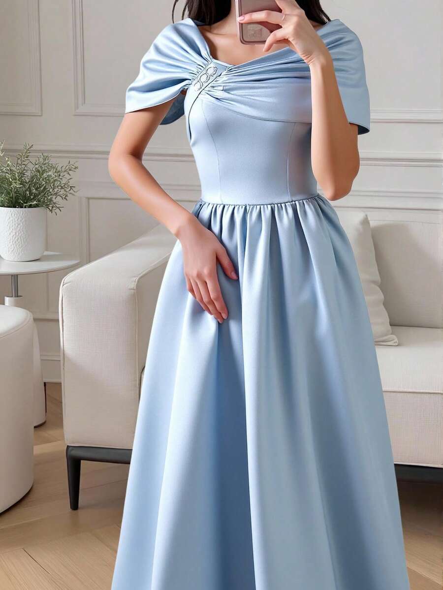 SHEIN 优雅修身缎面连衣裙，适合少女 - 水鴨藍 - 查看 1