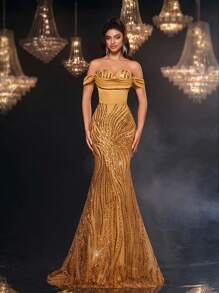 Glamrae Váy dạ hội sang trọng, đính ngọc trai và kim sa lấp lánh, trễ vai, tay loe, cổ xếp ly, viền đuôi cá, có thể điều chỉnh, phù hợp cho đám cưới, tiệc tùng, lễ tốt nghiệp và mọi dịp trang trọng - Rượu sâm banh - Xem 6