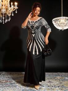 Cravure Vestido de fiesta elegante de talla grande con estampado digital de encaje