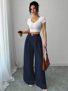 SHEIN PETITE Women's Casual Solid Color Wide Leg Pants, Versatile For Daily Commute Fall Cloth For Women - Navy Blue - View 5