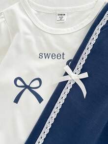 Genkimix Kids Set de 2 piezas para niñas (niños pequeños): Camiseta de manga larga con cuello redondo y estampado de lazo, y pantalones deportivos con volantes y lazo en azul marino, conjunto de otoño adecuado para salidas, escuela y uso diario - Multicolor - Ver 5