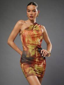 Hauture Chunky Chain One Shoulder Abstract Print Mini Dress – Sexy Going Out Holiday Party Outfit Ideas - Multicolor - View 2