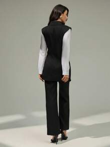 Modelyn 女士黑色无袖垫肩时尚西装外套和高腰阔腿裤套装 - 黑色 - 查看 3