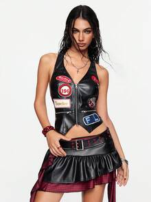 ROMWE Street Life 赛车季街头徽章刺绣 PU 修身挂脖背心（女款）