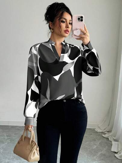 Elenzga Women's Casual Commuter Colorblock Notched Neck Long Sleeve Shirt, Autumn