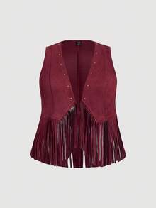 SHEIN MOD Áo khoác thường ngày tua rua bằng da lộn không tay màu trơn cỡ lớn dành cho nữ, trang phục nghỉ dưỡng, mùa thu, nữ, lễ hội Rave, hòa nhạc, thập niên 70, cổ điển, phục hưng, áo khoác mùa thu, áo vest tua rua kiểu Tây - Màu Đỏ Sâu - Xem 1