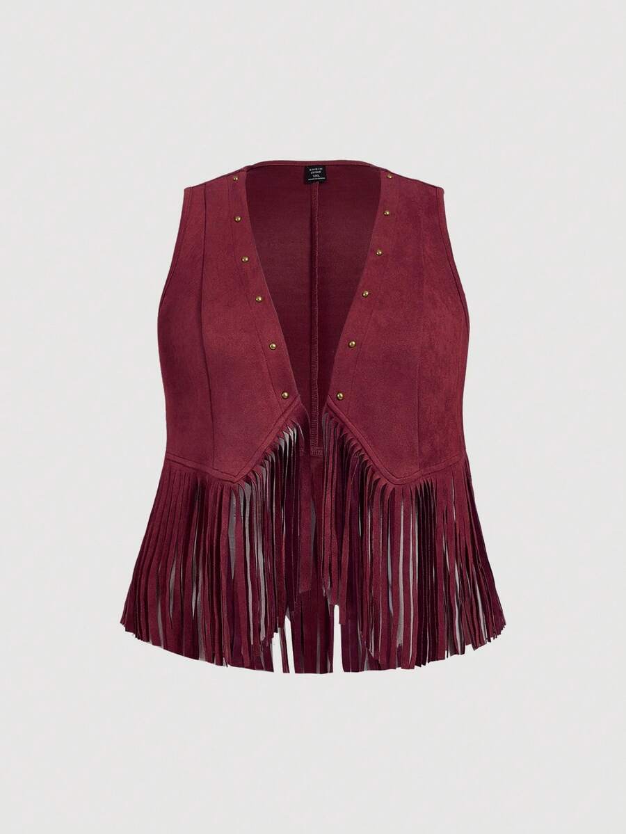 SHEIN MOD Áo khoác thường ngày tua rua bằng da lộn không tay màu trơn cỡ lớn dành cho nữ, trang phục nghỉ dưỡng, mùa thu, nữ, lễ hội Rave, hòa nhạc, thập niên 70, cổ điển, phục hưng, áo khoác mùa thu, áo vest tua rua kiểu Tây - Màu Đỏ Sâu - Xem 1